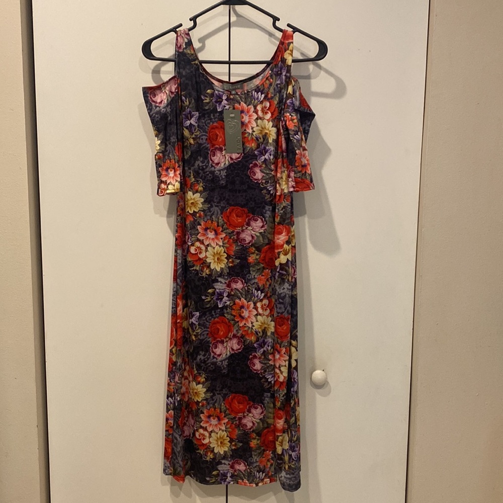 ASOS Love Dress Cold Shoulder Slit Size Medium M Floral Lace Bodycon NWT midi